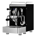 Black espresso machine with stainless steel group head, dual portafilter holders
