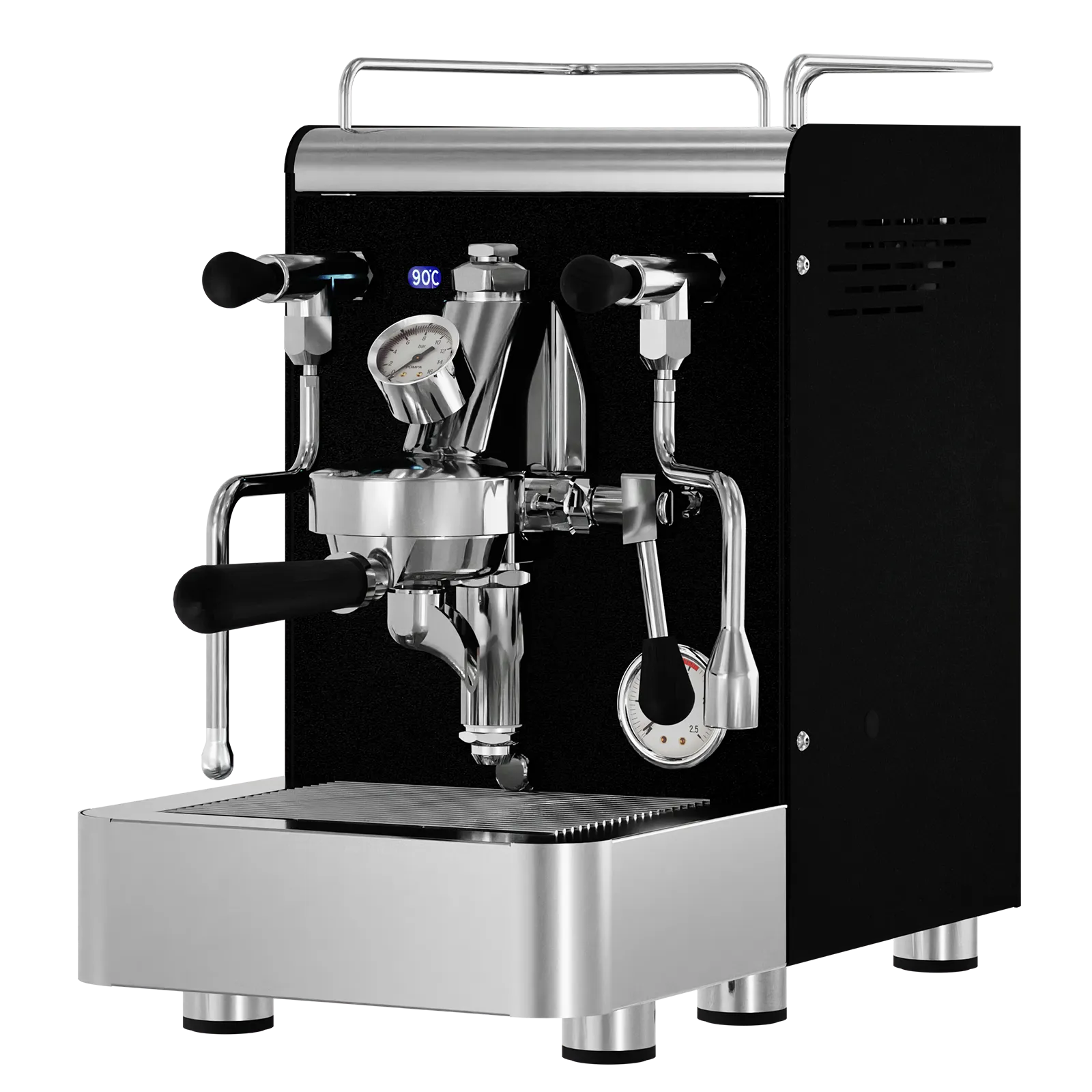 Black espresso machine with stainless steel group head, dual portafilter holders