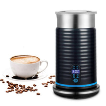 Electric milk frother with stainless lid, dark body, and control buttons on base