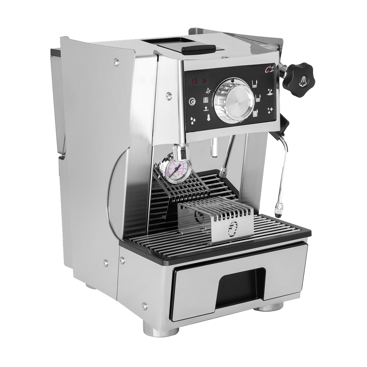 FACOTEC C1 pod coffee machine, open interior with pod holder and drip tray