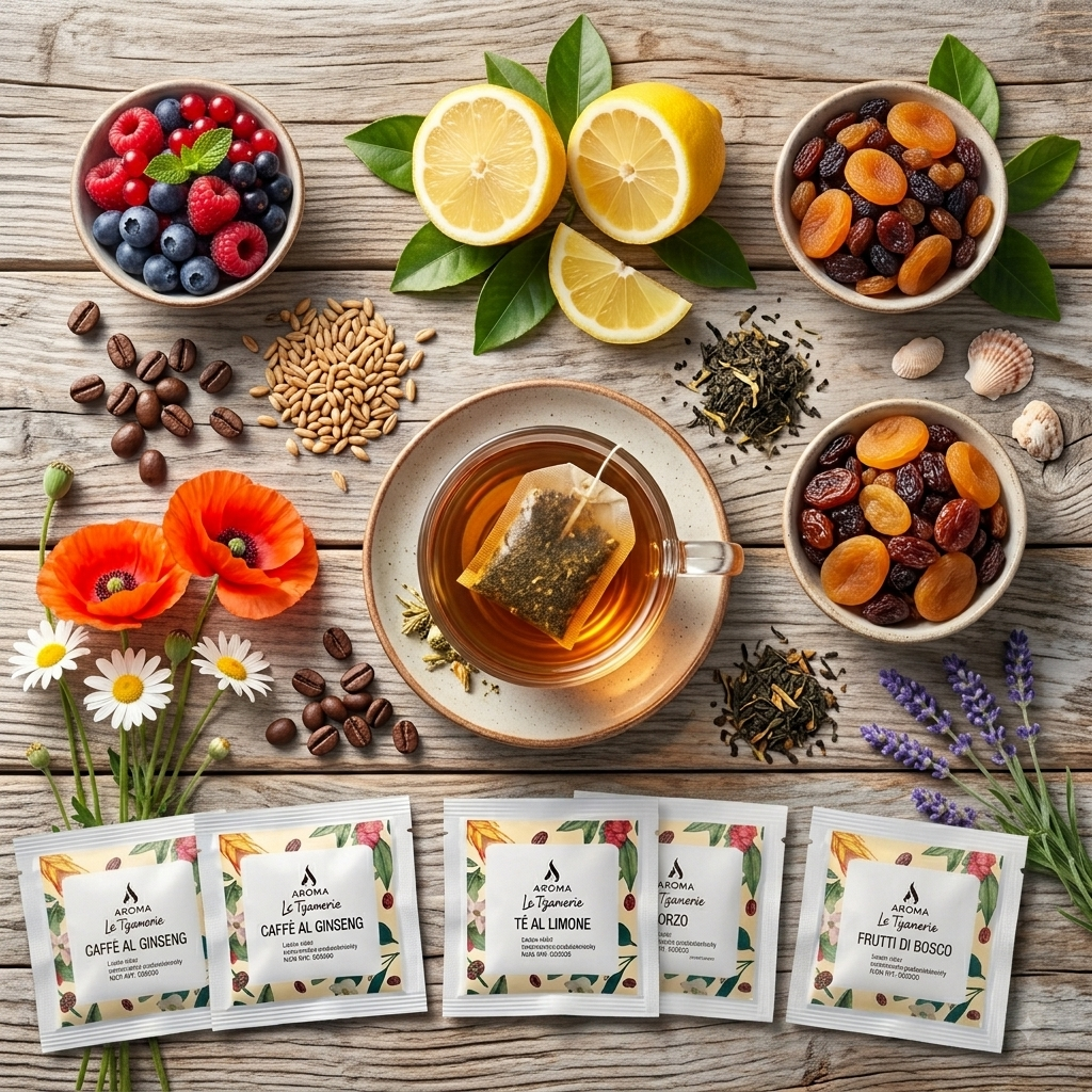 Assorted Lemon & Black herbal tea ESE pods with tea cup and lemon slices.