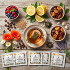 Assorted Lemon & Black herbal tea ESE pods with tea cup and lemon slices.