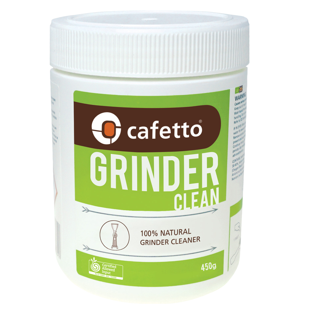 Coffee grinder cleaner, 450g jar with white ribbed lid; green label