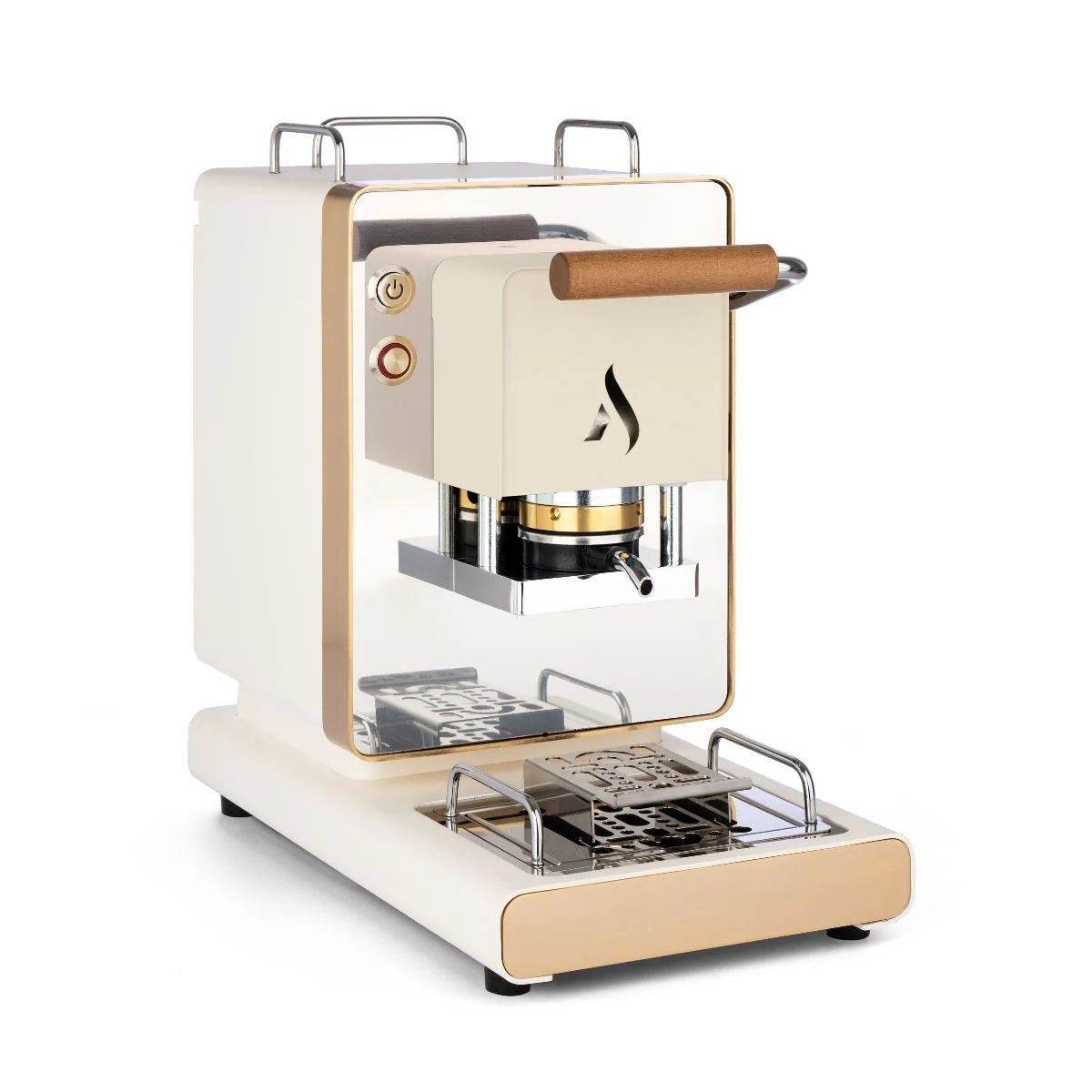 Cream coffee pod machine with wooden handle, front brew chamber, and metal drip tray