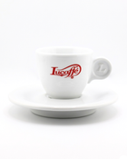 White Lucaffe cup and saucer, red emblem; stack-ready 2-piece set.