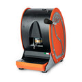 Orange and black aroma pod coffee machine with side door and drip tray