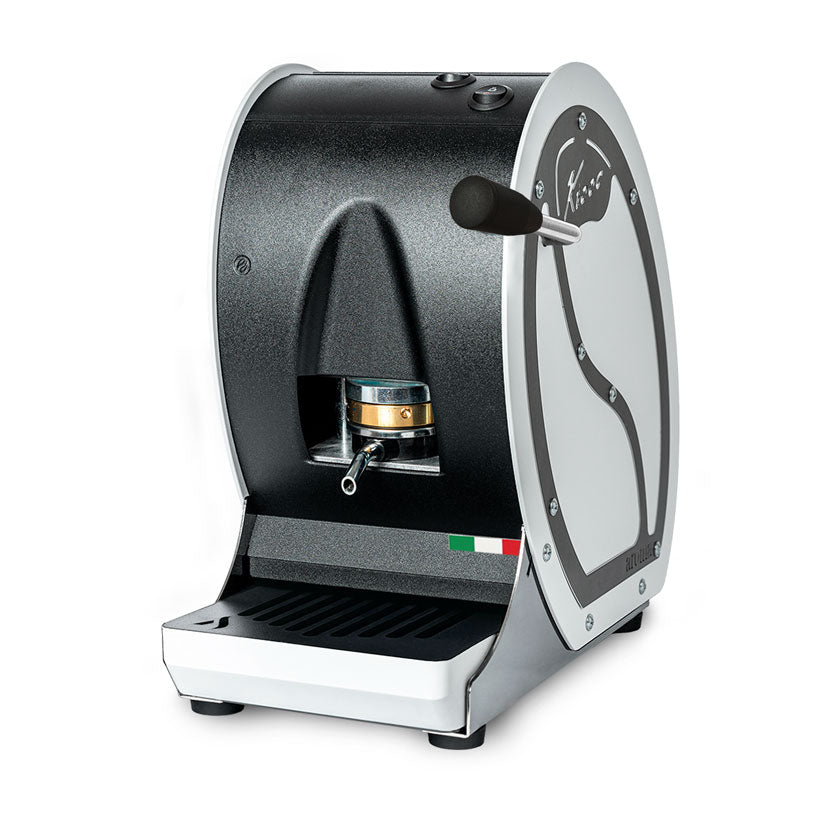 Black aroma pod coffee machine with side door and built-in pod holder