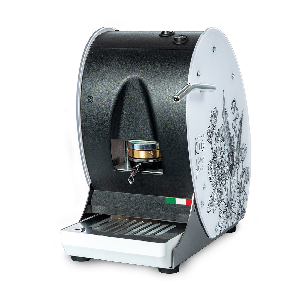 Aroma Kicco ESE coffee pod machine, open brew area, illustrated white side panel