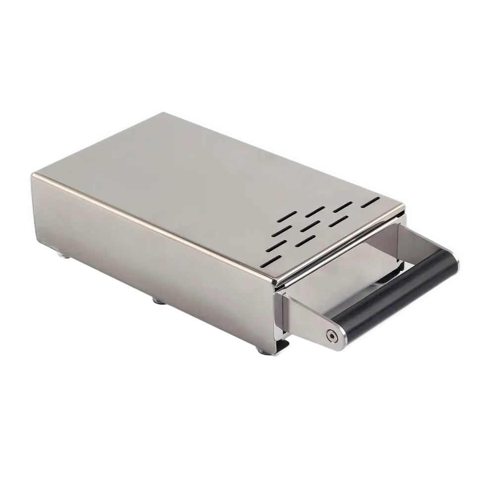Stainless knock box with perforated top and front lever handle