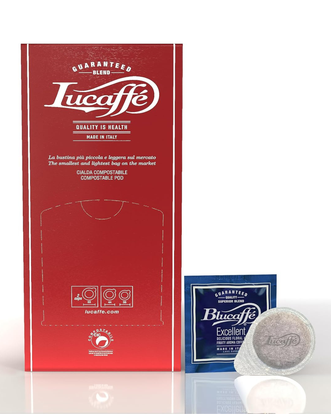 Lucaffé Blucaffè ESE pods, red box with blue packet and coffee pod