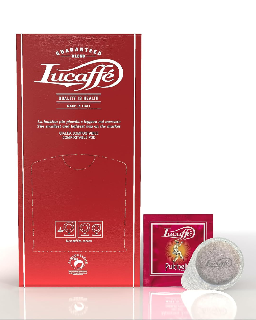 Lucaffé Pulcinella ESE pod box with two coffee pods