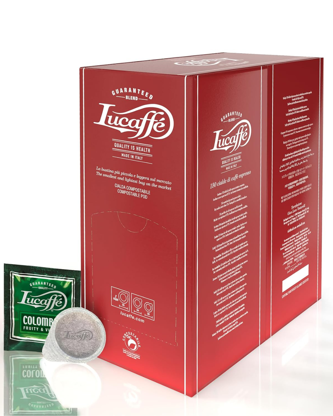 Coffee pod box with side label, plus two sealed pods