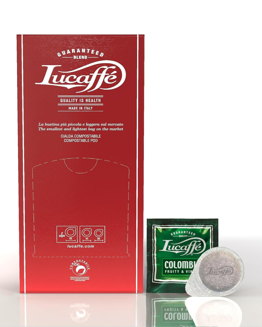 Lucaffé Colombia specialty pod box with two coffee pods