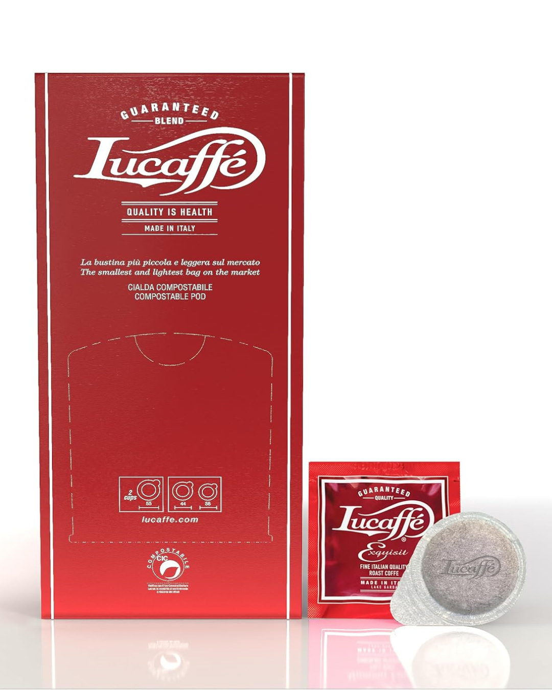 Lucaffé Exquisit coffee pods box with sachet and round pod