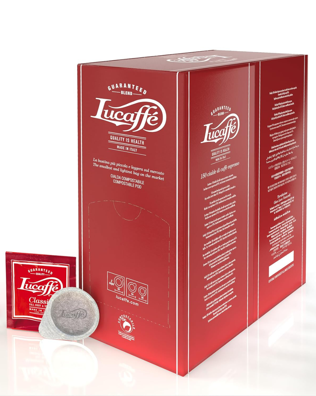 Lucaffé Classic coffee pods box with one pod and a red single-serve sachet