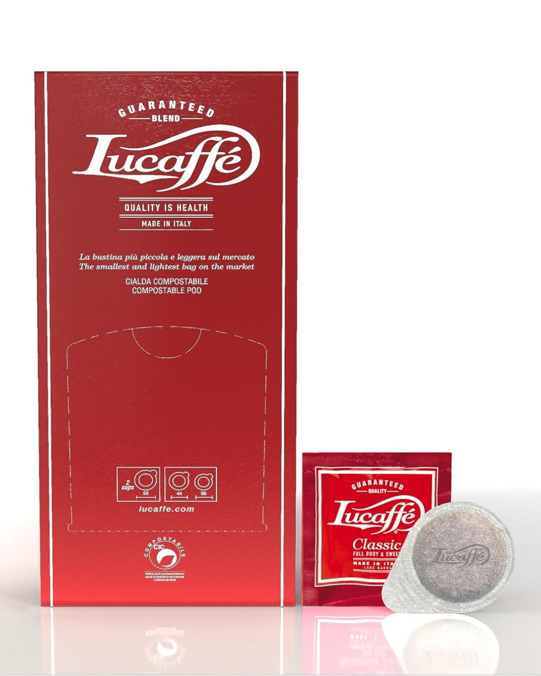 Lucaffé Classic 150 coffee pods, red box with two single-serve pods
