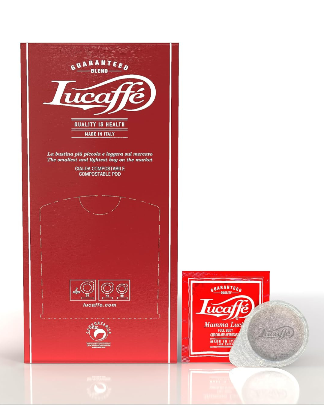 Lucaffé Mumma Lucia coffee pods box with one pod sachet and foil pod