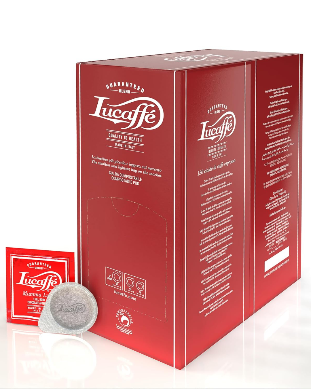 Lucaffé Mumma Lucia coffee pods box with single pod and red sachet