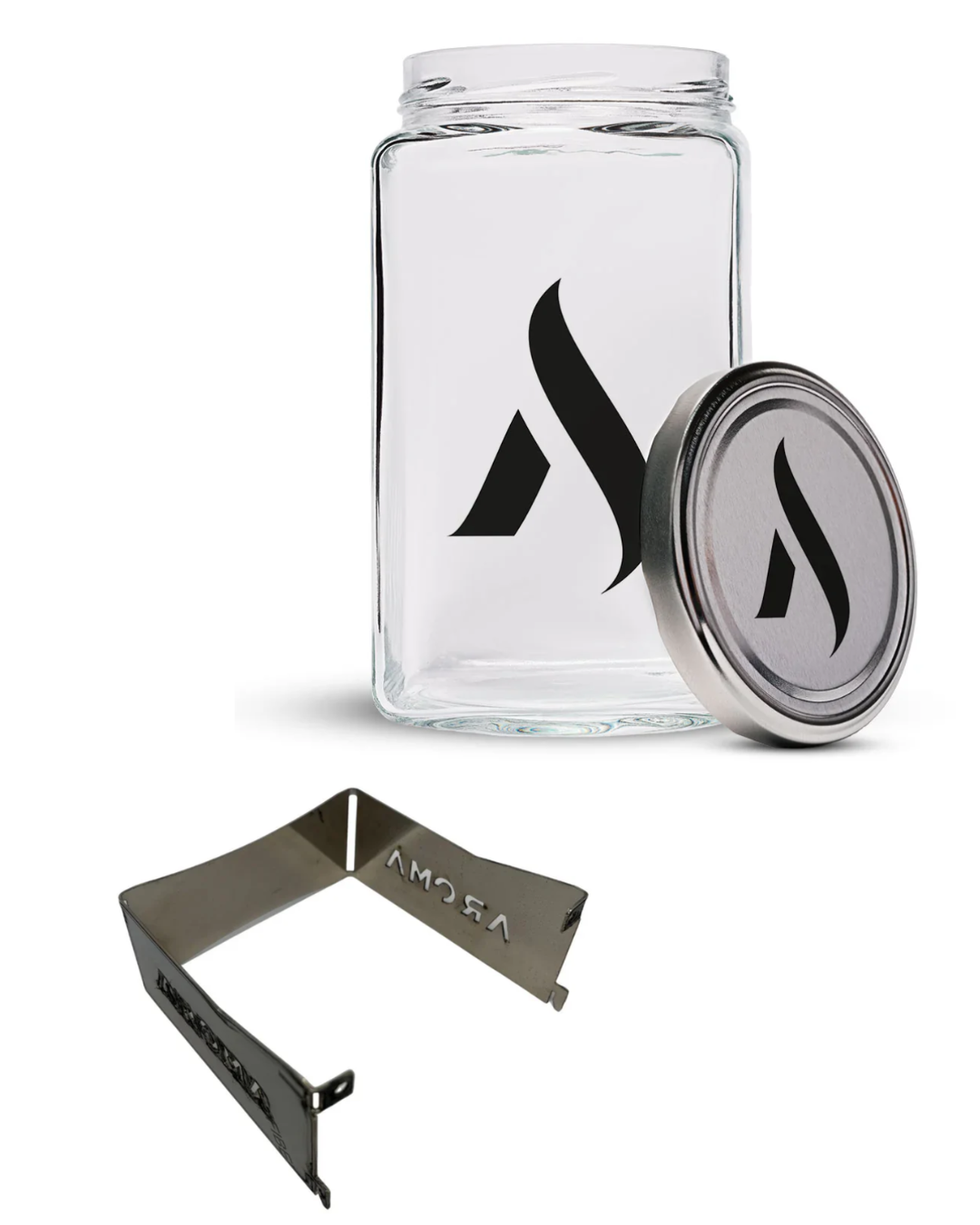 Glass water jar with screw-on lid and foldable metal bracket