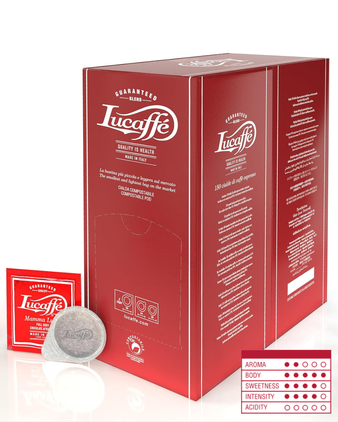 Lucaffé Mumma Lucia coffee pods box with one pod and a sachet