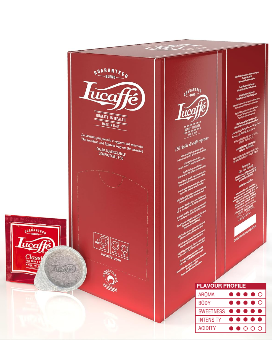 Lucaffé Classic 150 coffee pods in red box with pod and sachet