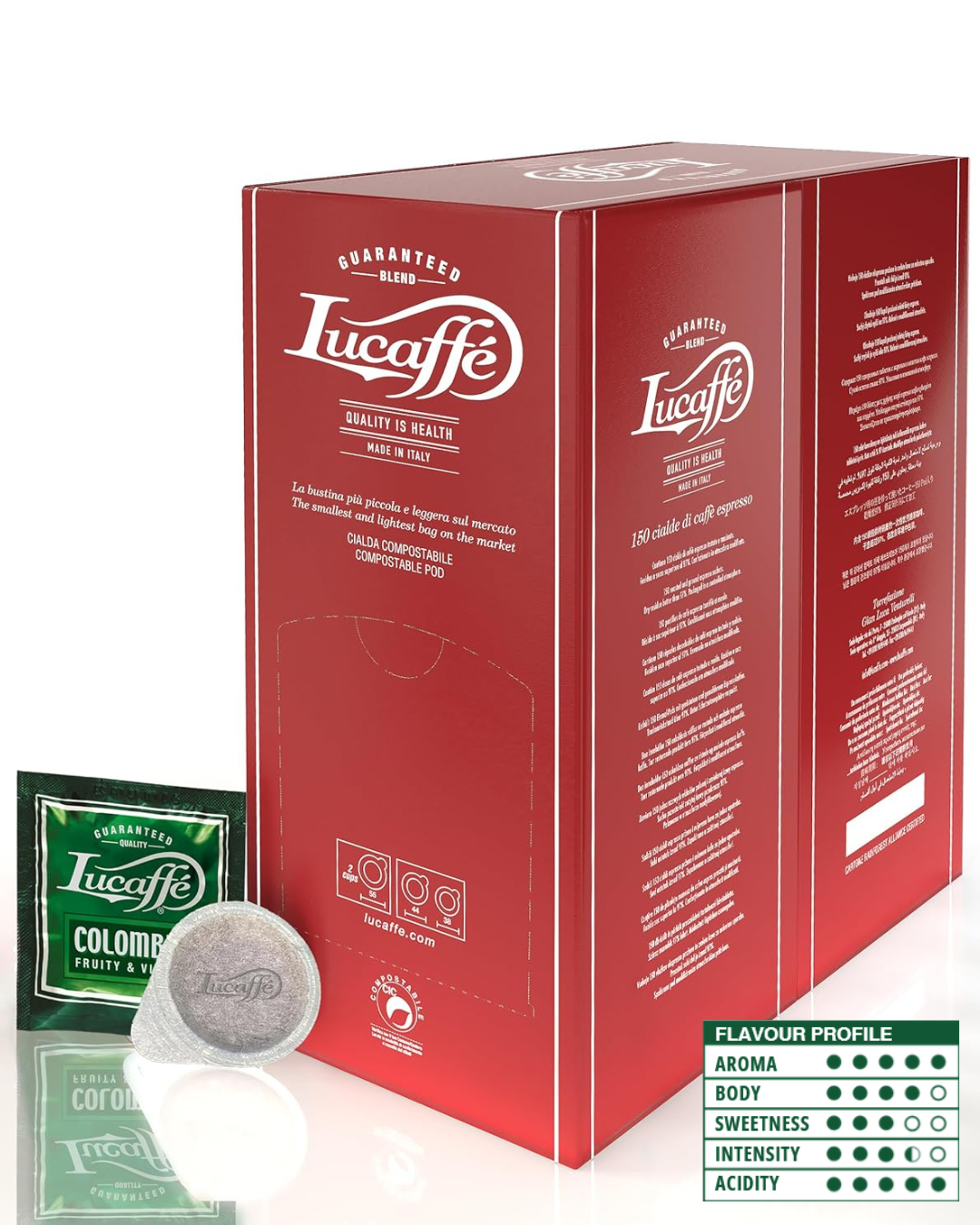 Coffee pod box with flavour profile panel and two sealed pods
