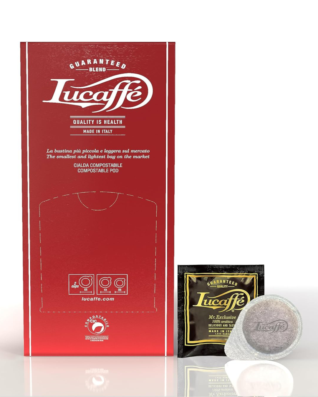 Lucaffé Mr. Exclusive 100% Arabica ESE pods box with loose pods