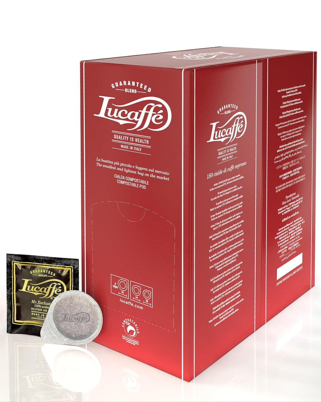Lucaffé Mr. Exclusive 100% Arabica ESE pods box with one pod shown