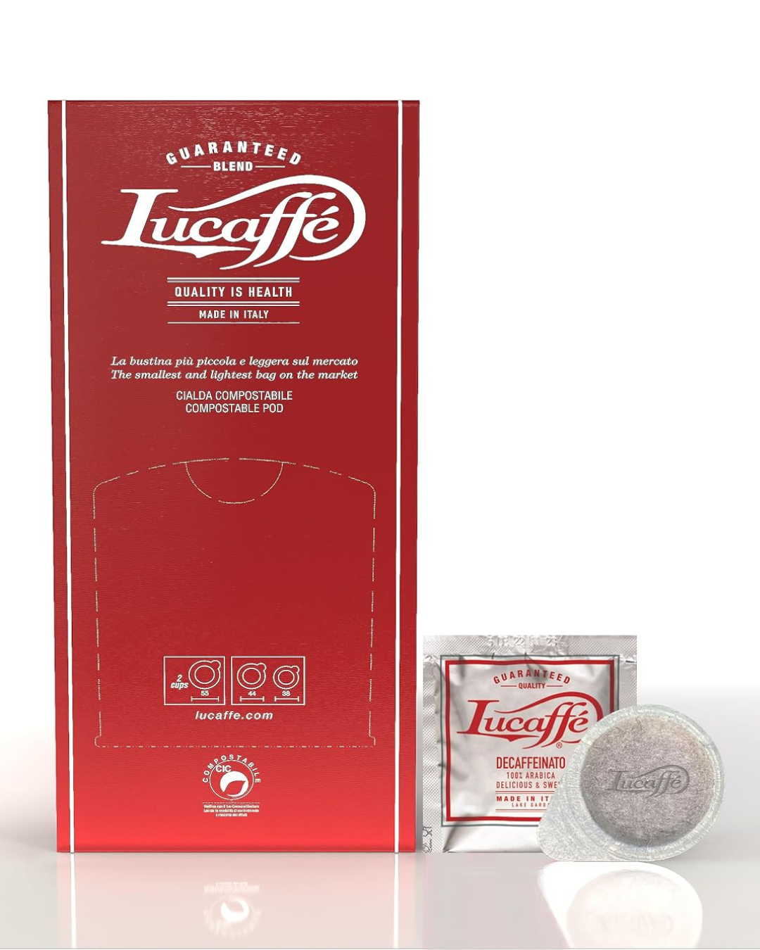 Lucaffé Decaffeinato 100% Arabica ESE coffee pods box with sachet and pod