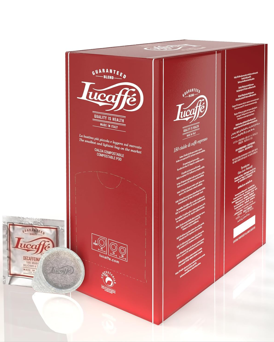 Lucaffé Decaffeinato 100% Arabica ESE coffee pods in red box with single pod