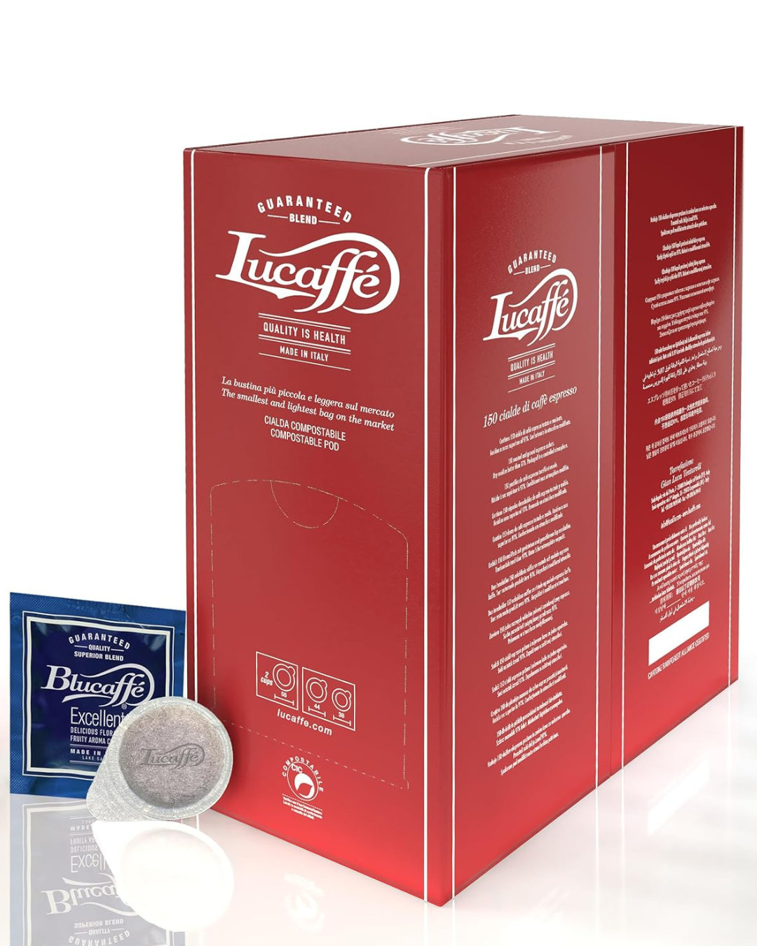 Lucaffé Blucaffè ESE pods box with sample coffee pod and blue sachet