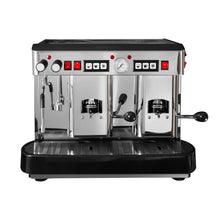 Stainless steel pod coffee machine with black base, front controls and two brew levers