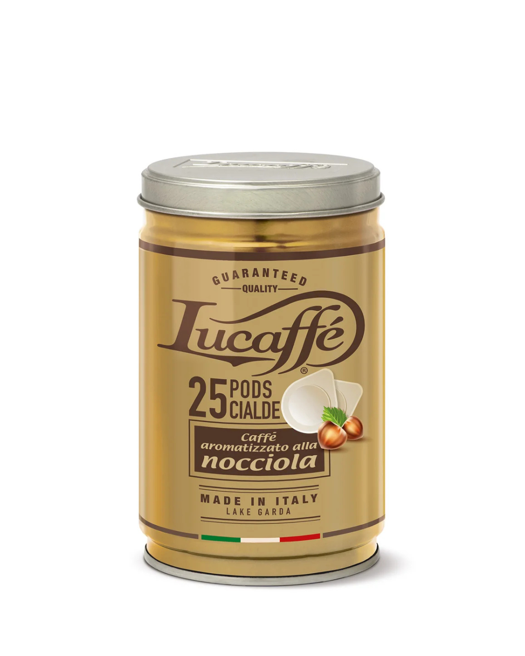 Lucaffé hazelnut coffee pods in gold tin, 25-count
