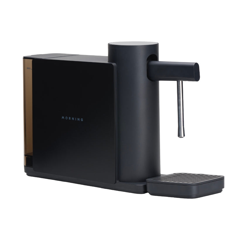 Black smart milk steamer with frothing spout and drip tray