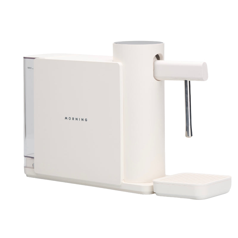 Smart milk steamer, white 3/4 view with stainless wand and ridged drip tray