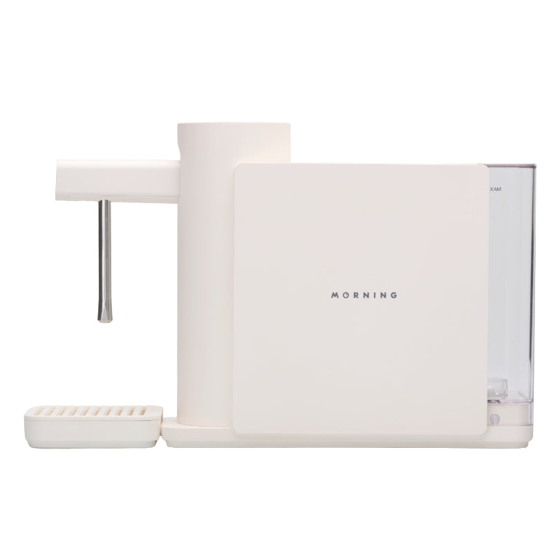 Smart milk steamer, white unit with side handle, stainless wand and base drip tray