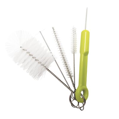 Milk frother brush set with lime green handle and multiple stainless wire brushes