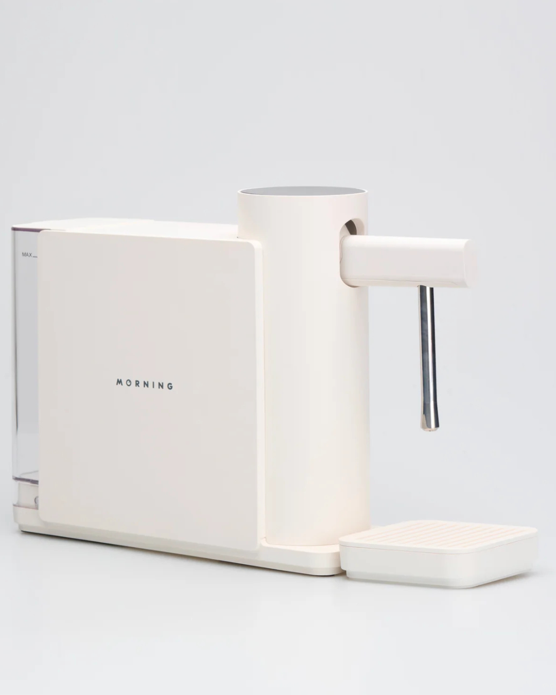 Smart milk steamer, white base with side handle, stainless wand and drip tray