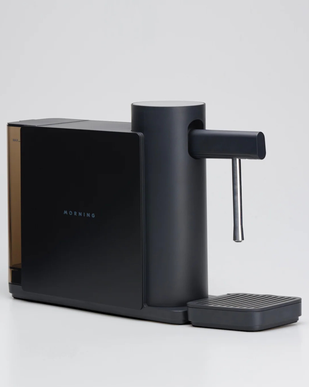 Smart milk steamer, black base with side handle, stainless wand and ridged drip tray