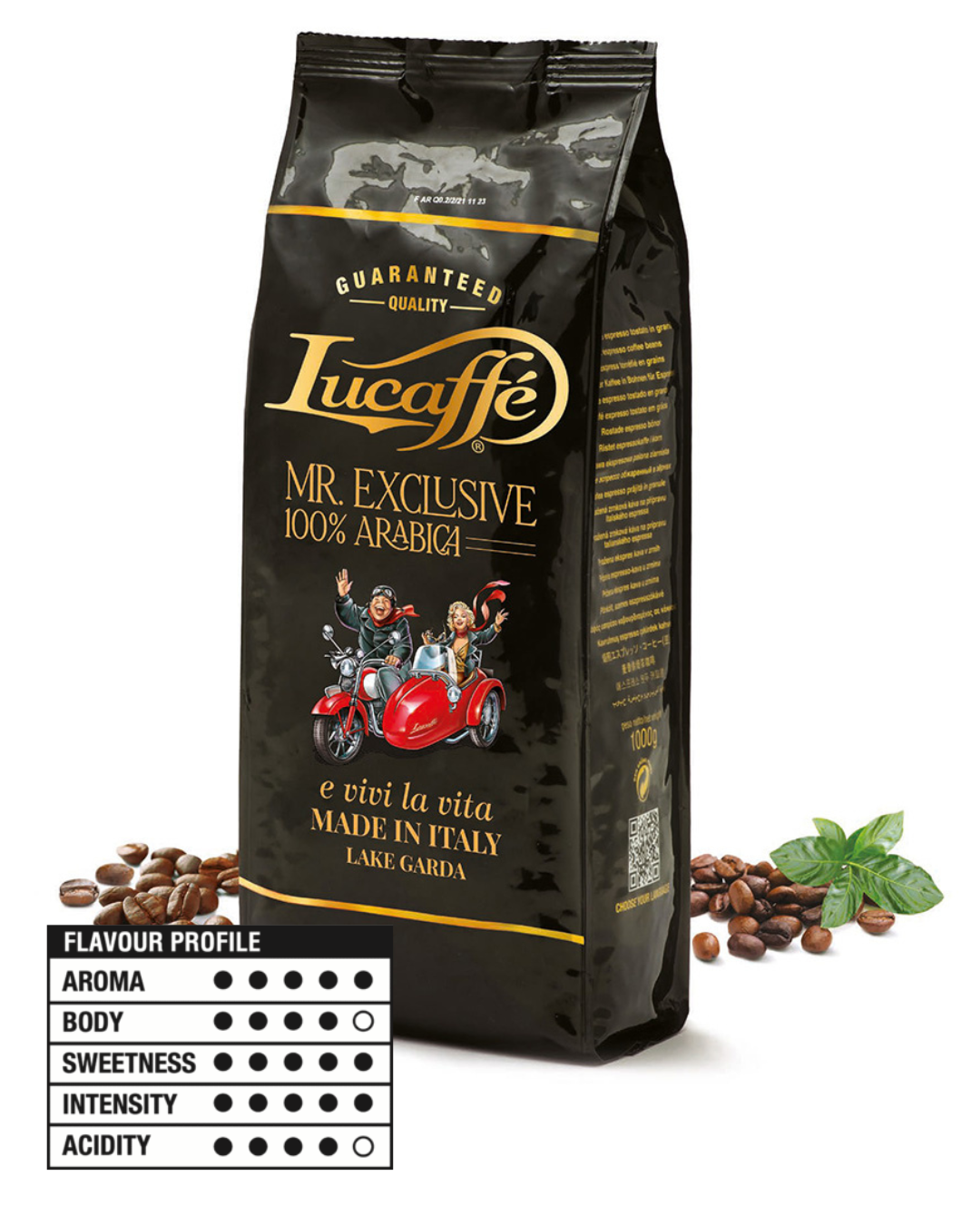 Lucaffé Mr. Exclusive 100% Arabica coffee beans bag, front view