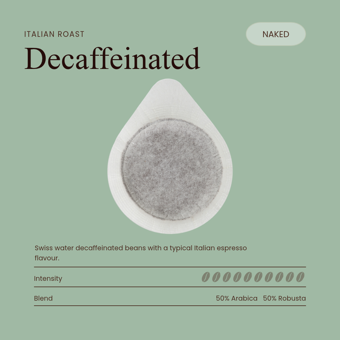 Decaffeinated Italian roast coffee pod, naked unwrapped filter disc