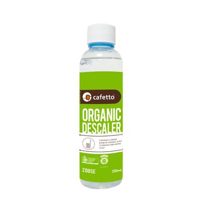 Cafetto organic liquid descaler bottle, 250 ml, with white cap and green label
