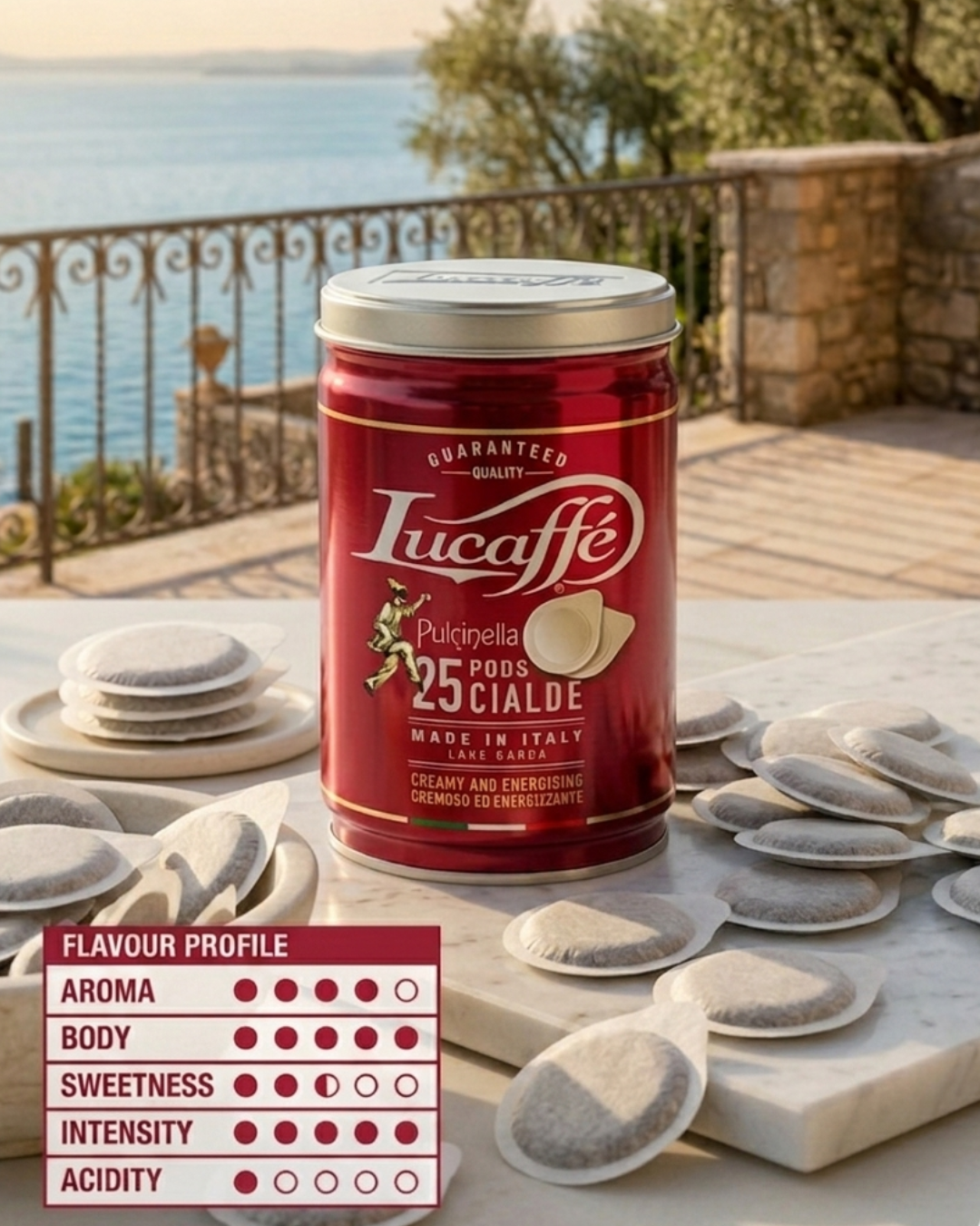 Lucaffé Pulcinella ESE pods tin with red canister and stacked coffee pods