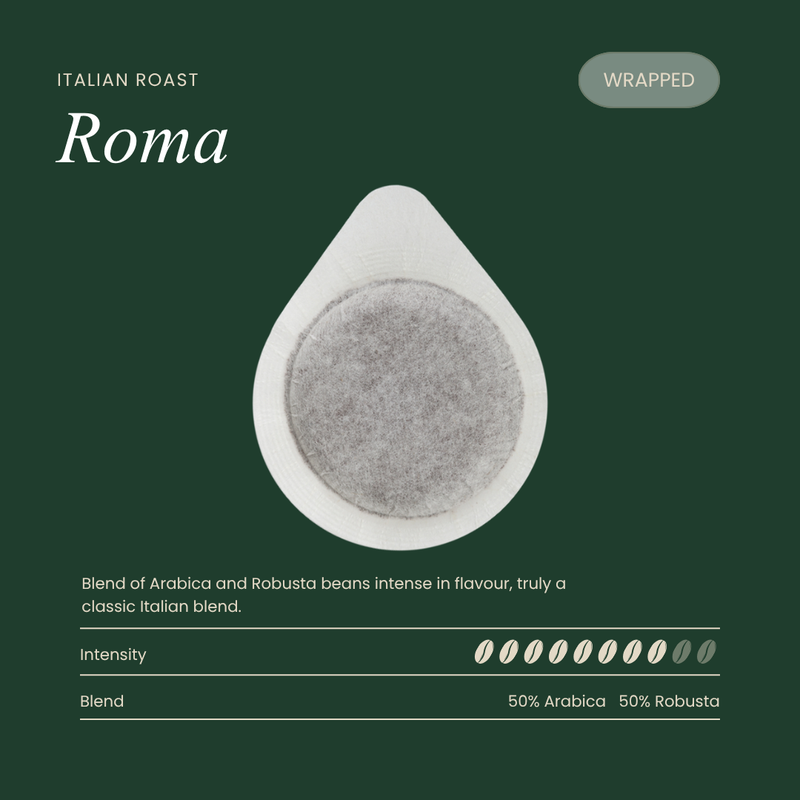 Roma Italian roast coffee pod, round filter top inside white wrap