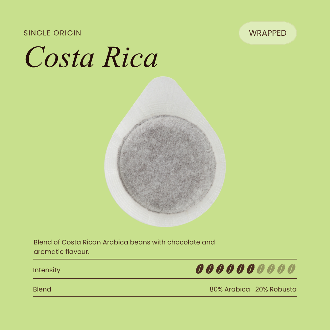 Wrapped single-origin coffee pod with gray coffee filter disc Costa Rica