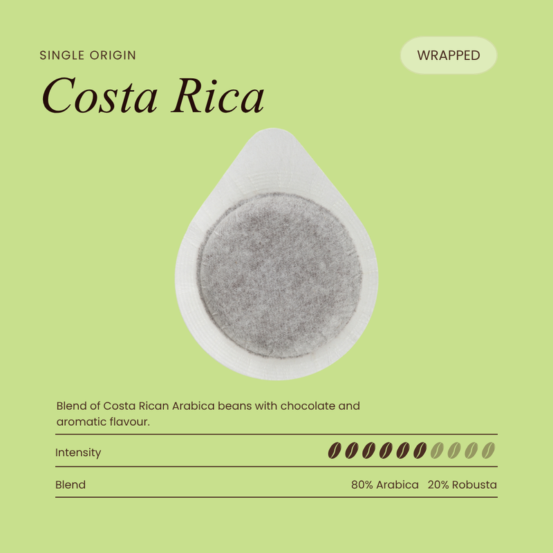 Wrapped single-origin coffee pod with gray coffee filter disc Costa Rica