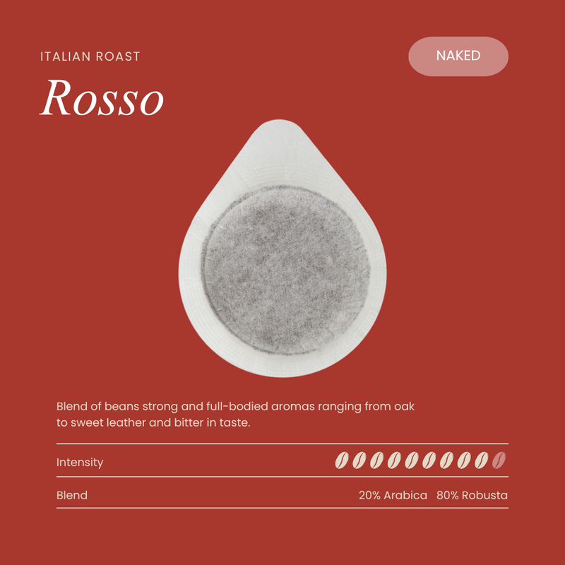 Naked coffee pod, Italian roast Rosso, white pod with dark coffee filter