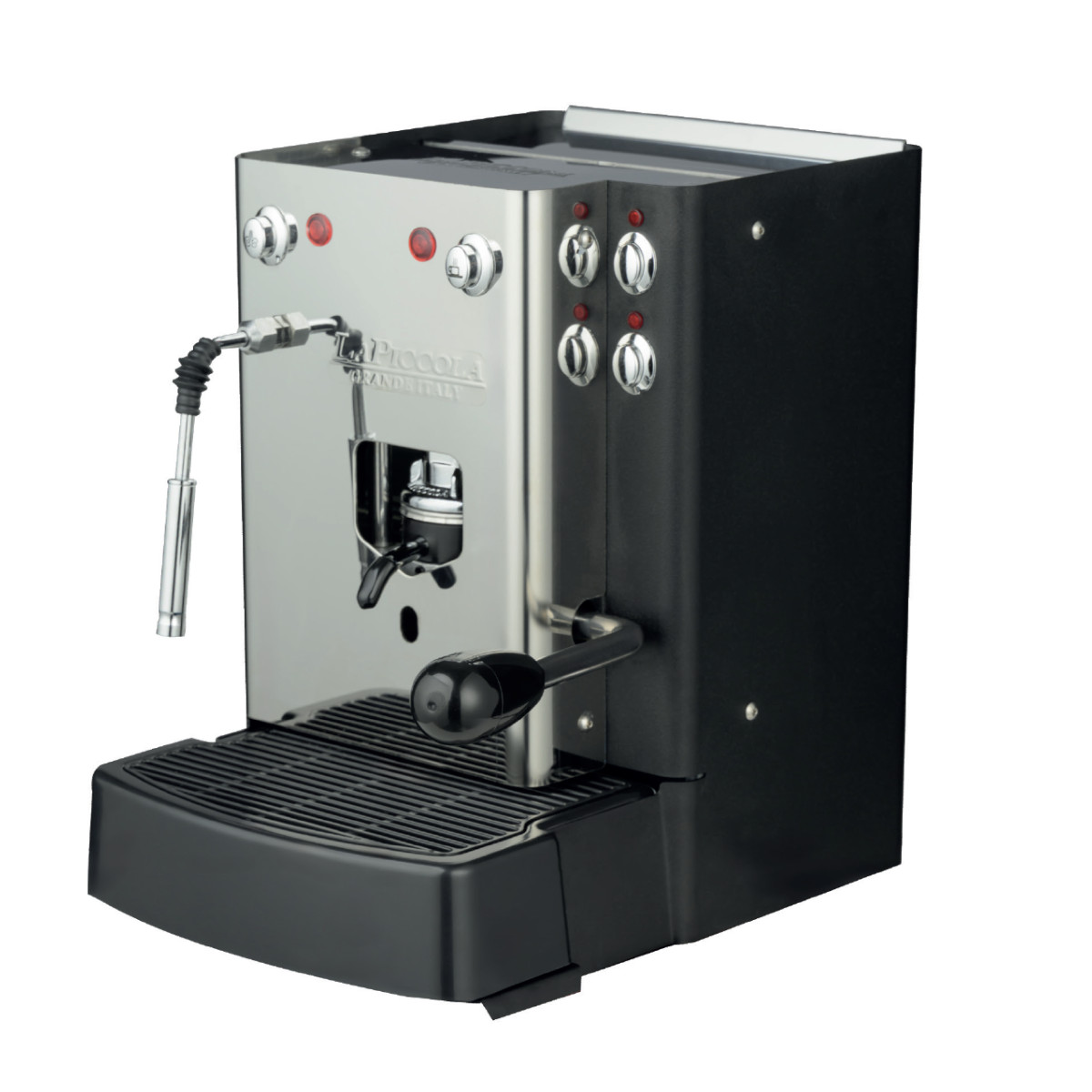 LaPiccola pod coffee machine with steam wand, front control knobs and drip tray