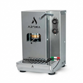 Stainless coffee pod machine with chrome steam handle and two control buttons