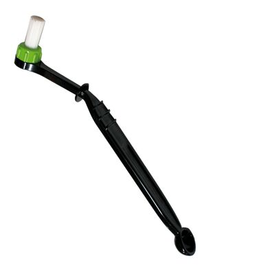 Swivel-head machine cleaning brush with black handle, green collar, white bristles